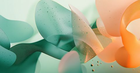 Abstract, layered UI elements—cards, buttons, and interface fragments—floating against a soft gradient of mint and clay, resembling leaves in composition