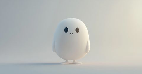 A minimalistic white, rounded character with a cute smiling face, standing against a soft gradient background.
