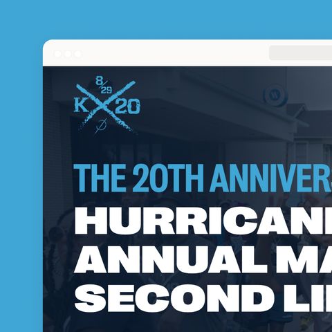 Katrina 20 website homepage hero section with event date and location